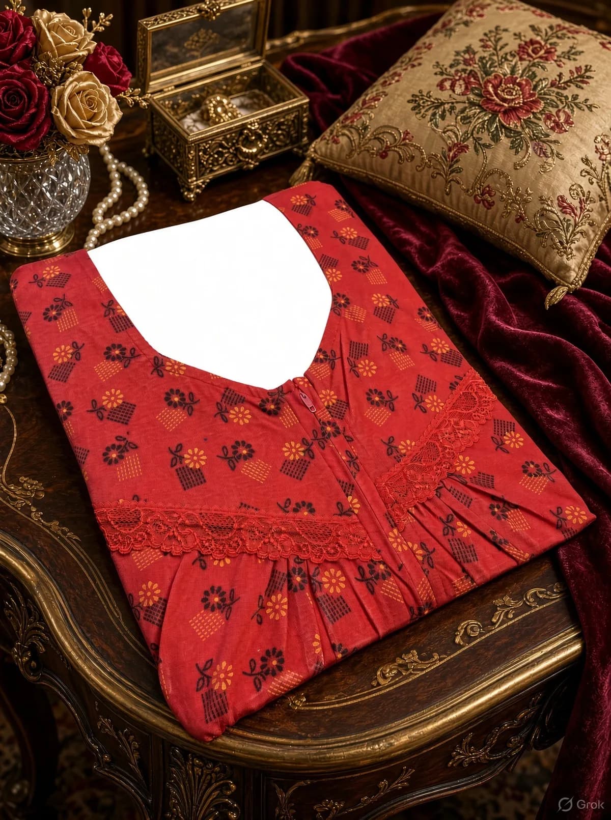 Red Women’s Floral Printed Soft Nightgown with Lace & Front Zip