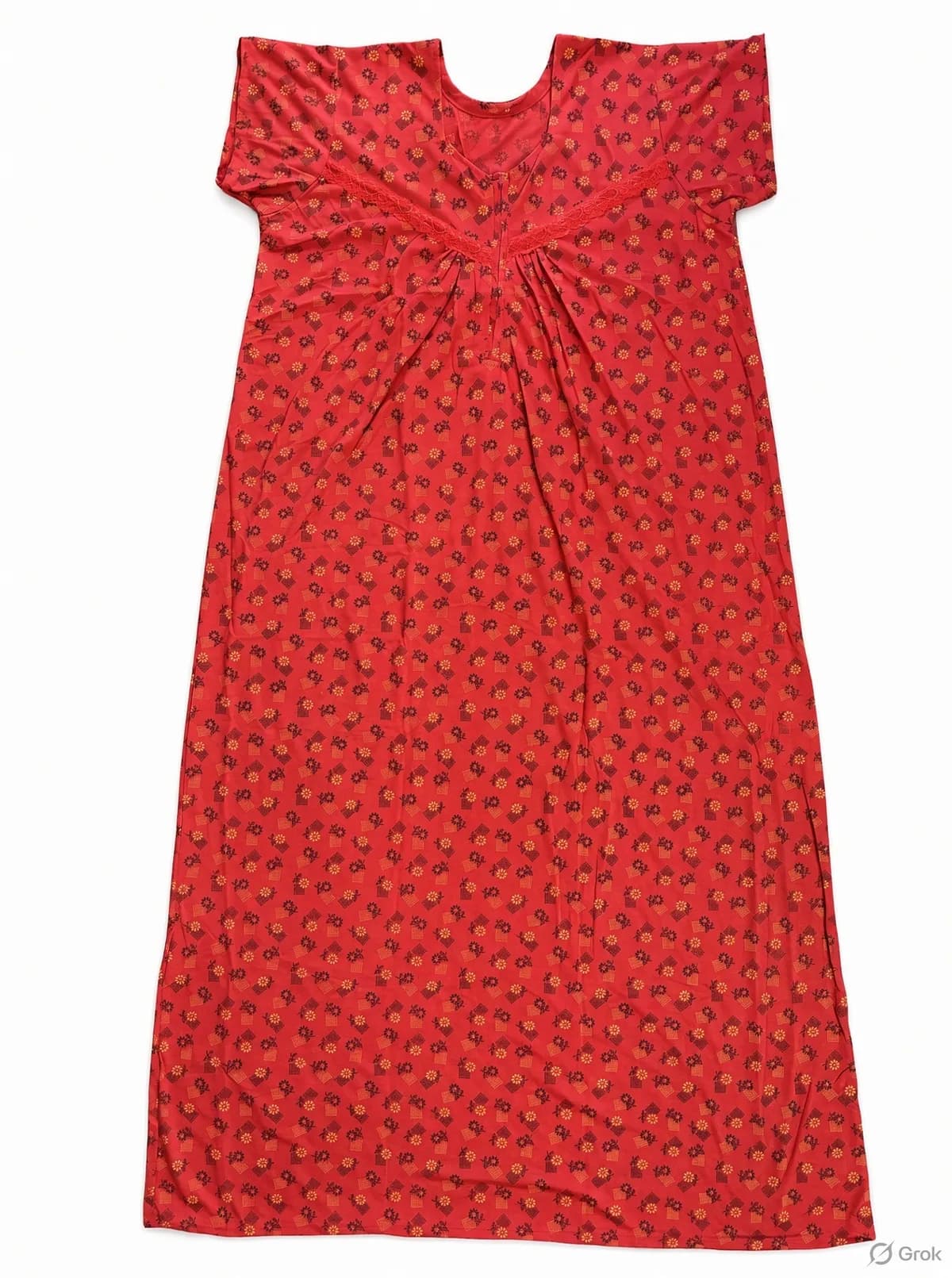 Red Women’s Floral Printed Soft Nightgown with Lace & Front Zip