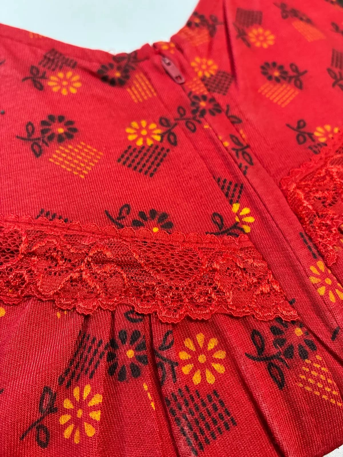 Red Women’s Floral Printed Soft Nightgown with Lace & Front Zip