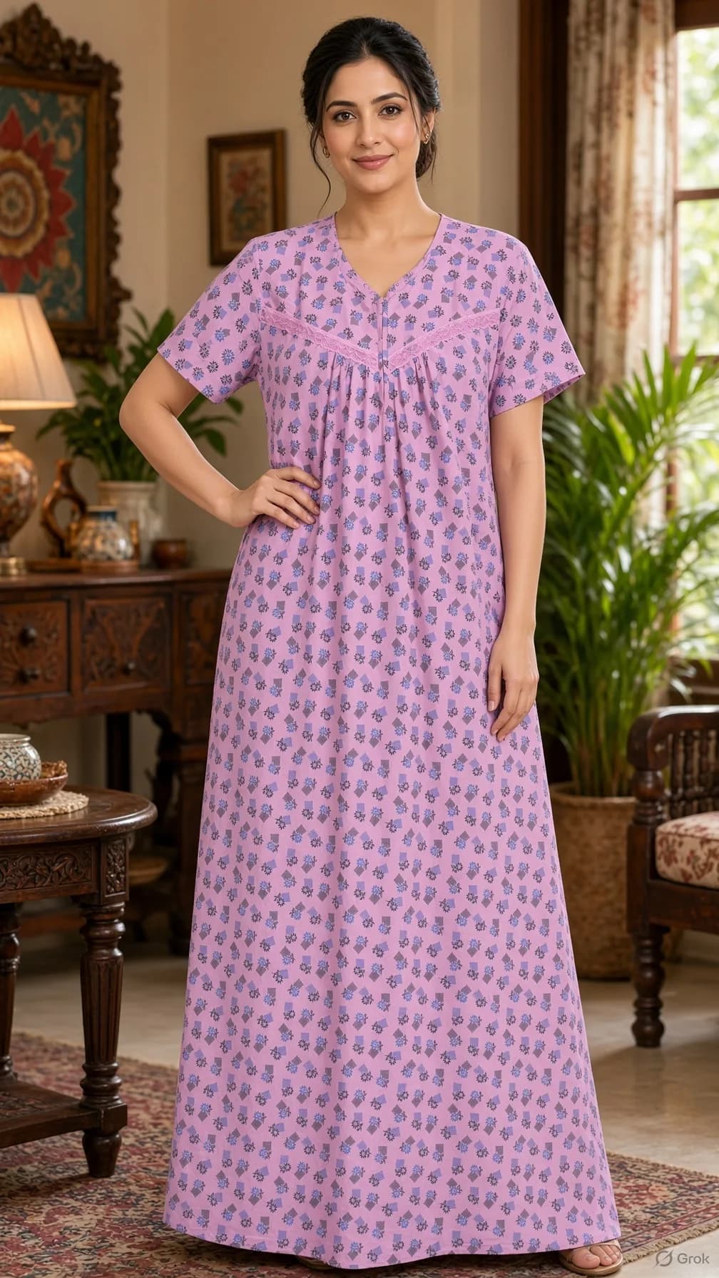 Light Pink Women’s Floral Printed Soft Nightgown with Lace & Front Zip