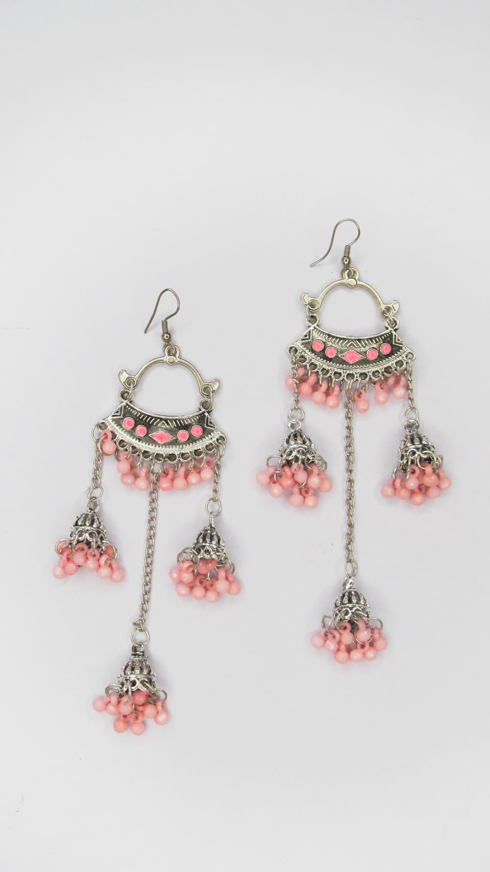 Pink Women's Silver Oxidised Earring