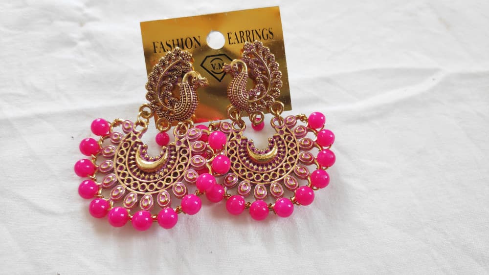 Magenta Women's Peacock Design Golden Earring