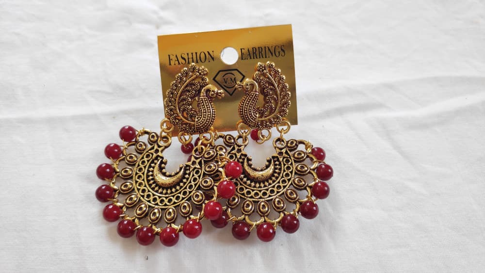 Maroon Women's Peacock Design Golden Earring
