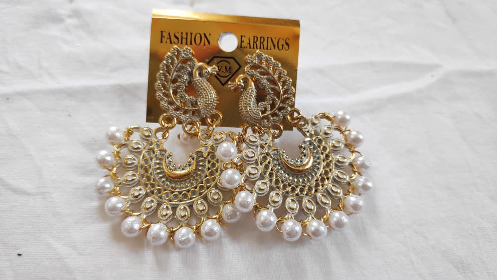 White Women's Peacock Design Golden Earring