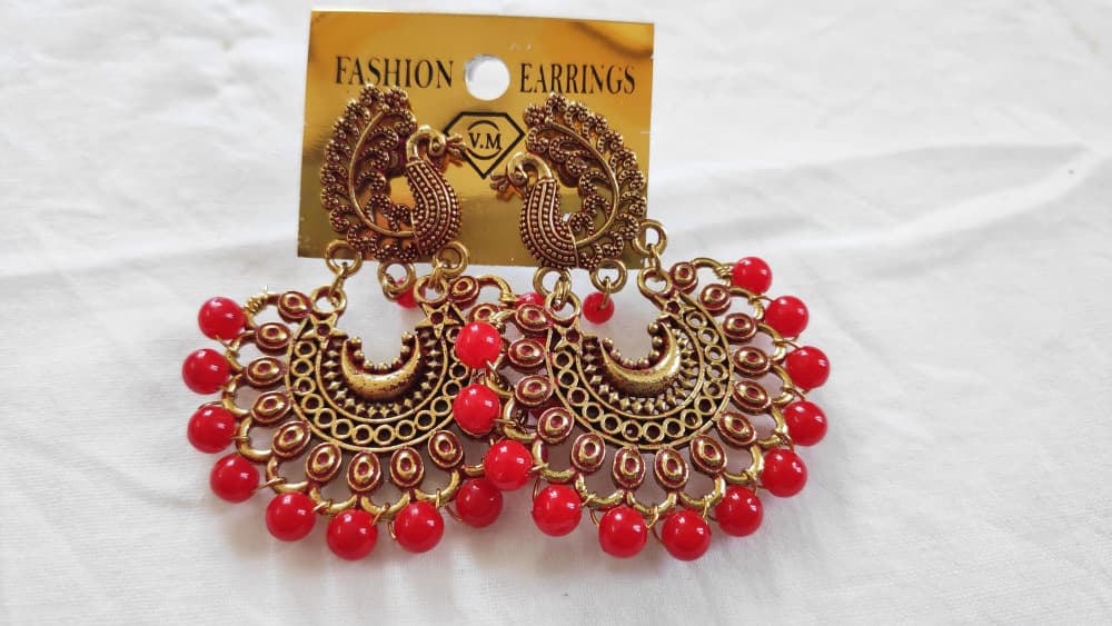 Red Women's Peacock Design Golden Earring