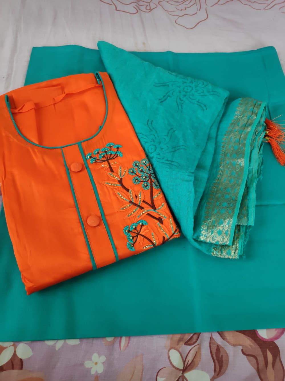 Orange Beautiful Embroidered Party Wear Suit With Chanderi Dupatta