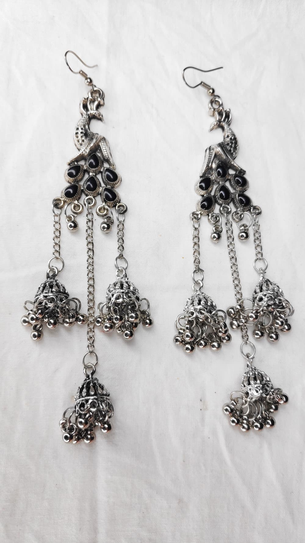 Black Women's Peacock 3 Silver Oxidized Jhumki earring