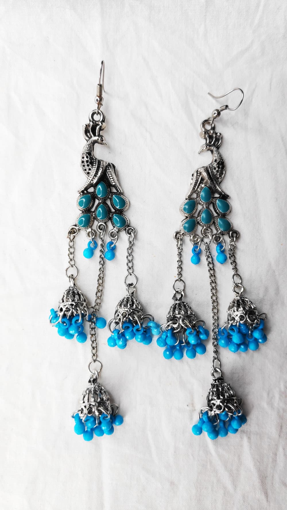 Blue Women's Peacock 3 Silver Oxidized Jhumki earring