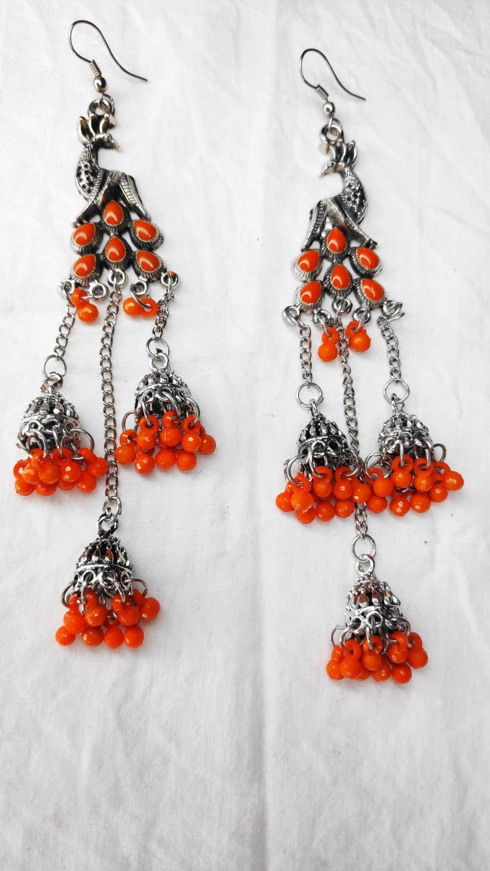 Orange Women's Peacock 3 Silver Oxidized Jhumki earring