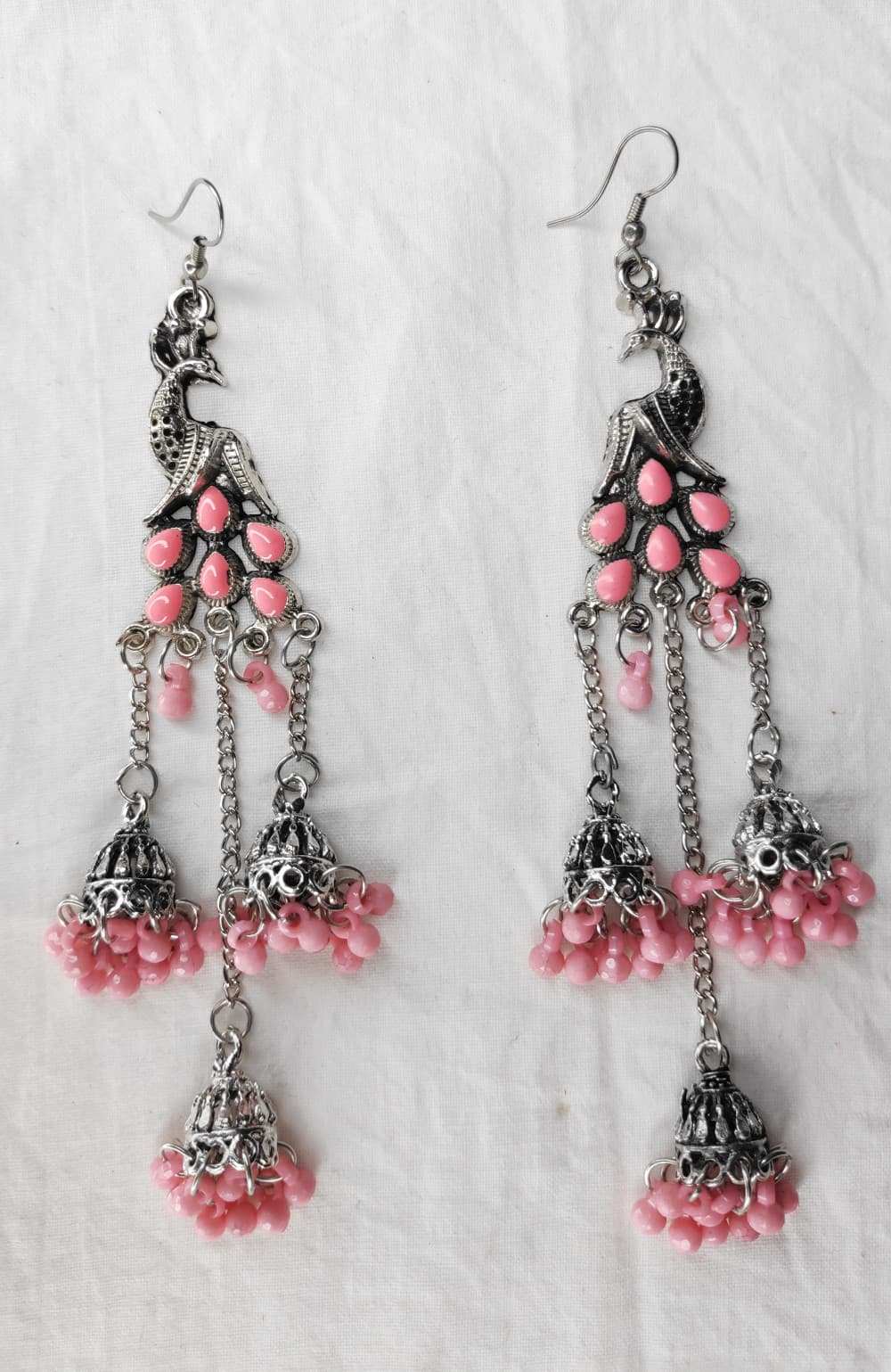 Pink Women's Peacock 3 Silver Oxidized Jhumki earring