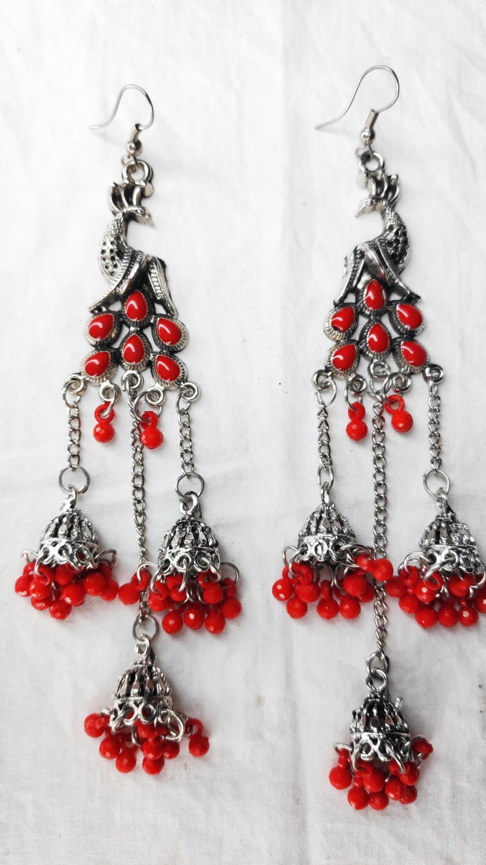 Red Women's Peacock 3 Silver Oxidized Jhumki earring
