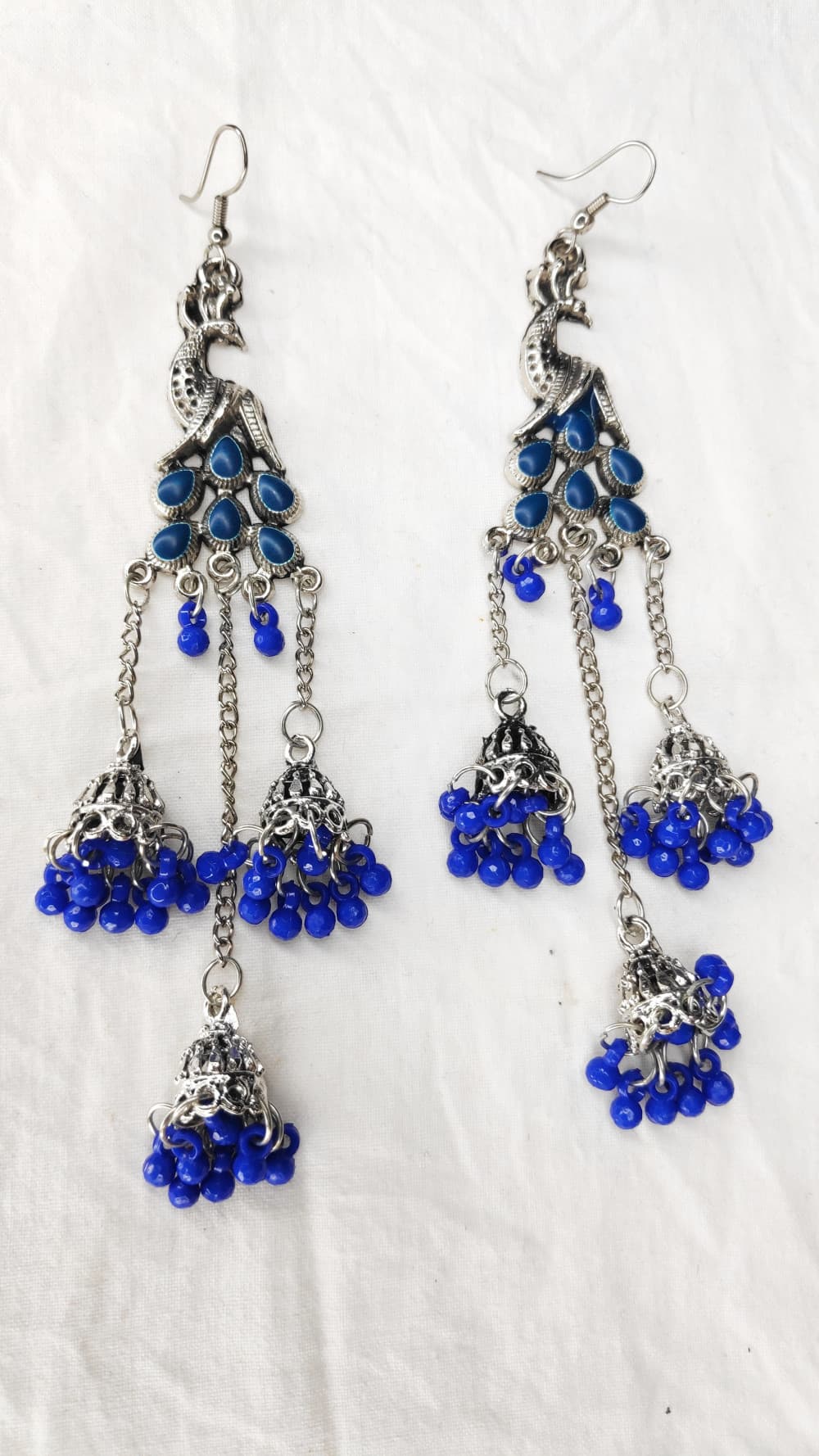 Royal Blue Women's Peacock 3 Silver Oxidized Jhumki earring