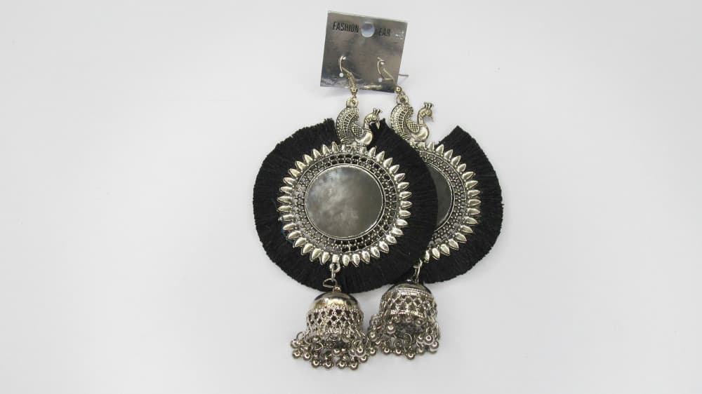 Black Women's Silver Oxidised Mirror Earring
