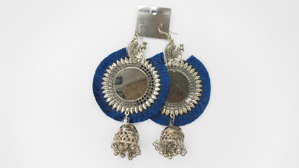 Blue Women's Silver Oxidised Mirror Earring