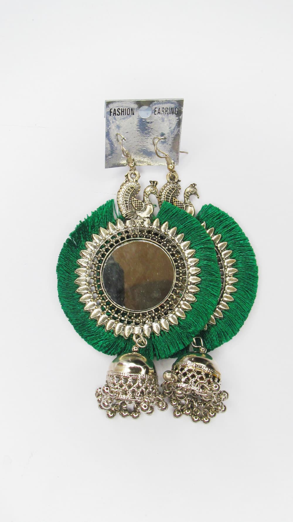 Dark Green Women's Silver Oxidised Mirror Earring