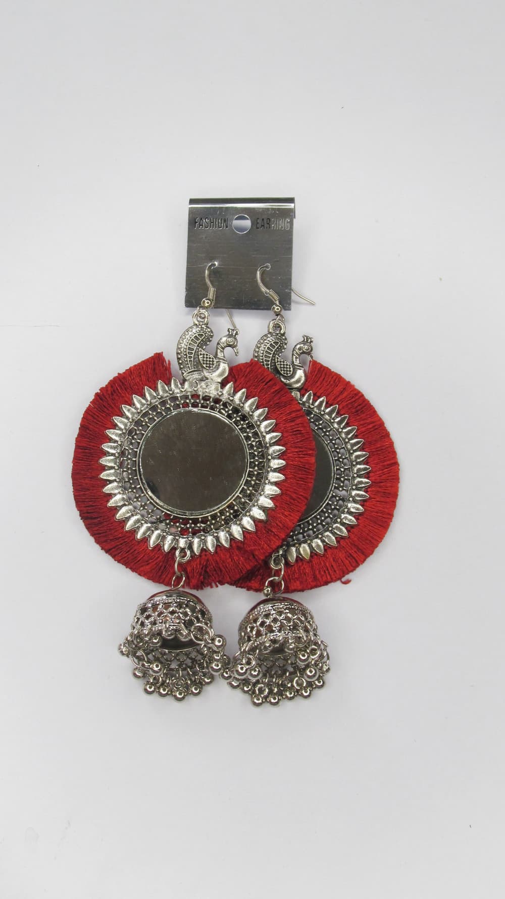 Maroon Women's Silver Oxidised Mirror Earring