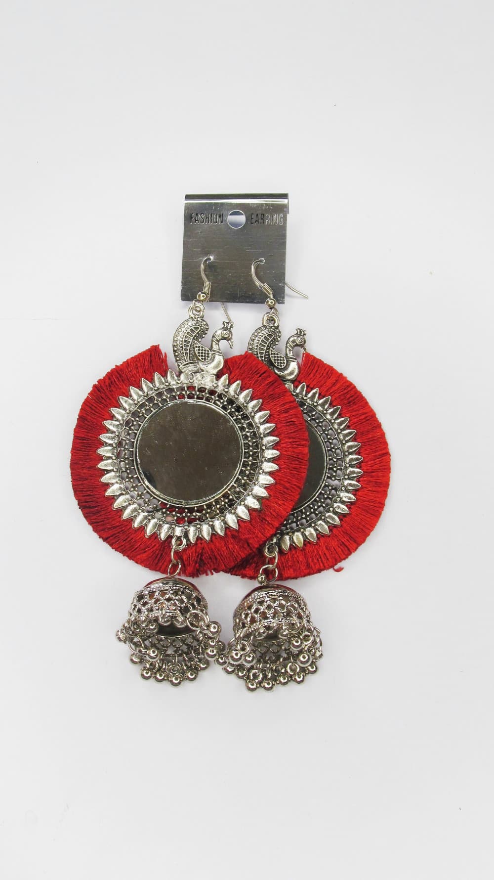 Red Women's Silver Oxidised Mirror Earring