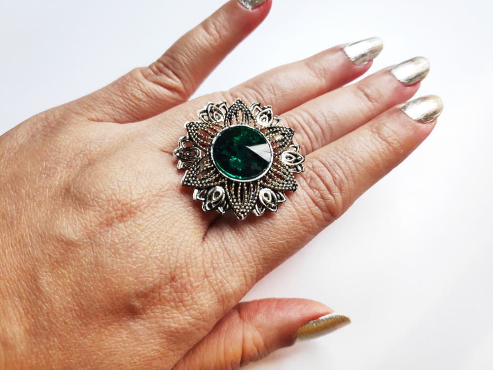 Dark Green Oxidised Antique Silver tone Statement Finger ring for girls