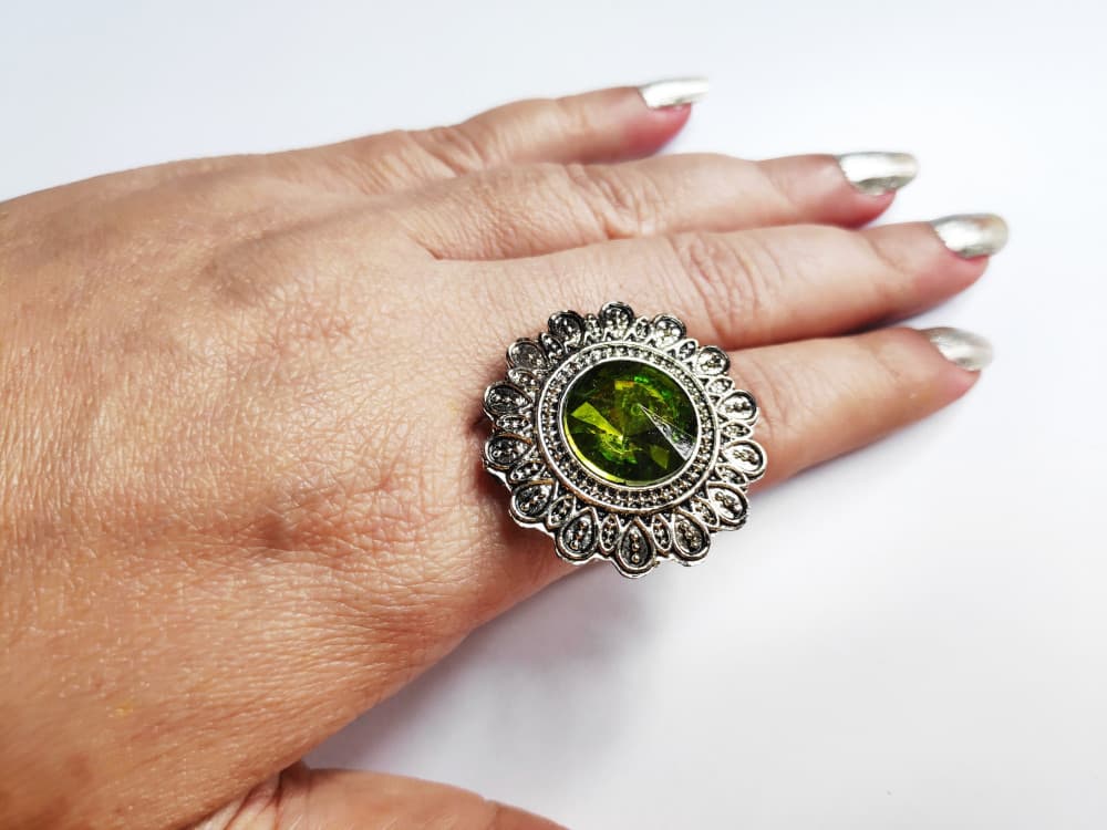 Light Green Oxidised Antique Silver tone Statement Finger ring for girls