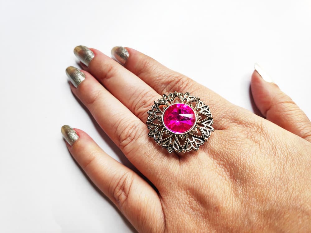 Fuchsia Pink Oxidised Antique Silver tone Statement Finger ring for girls
