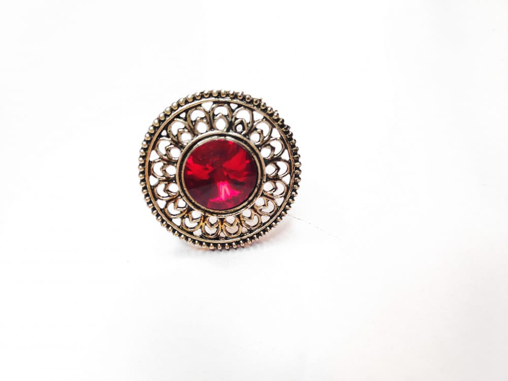 Red Oxidised Antique Silver tone Statement Finger ring for girls