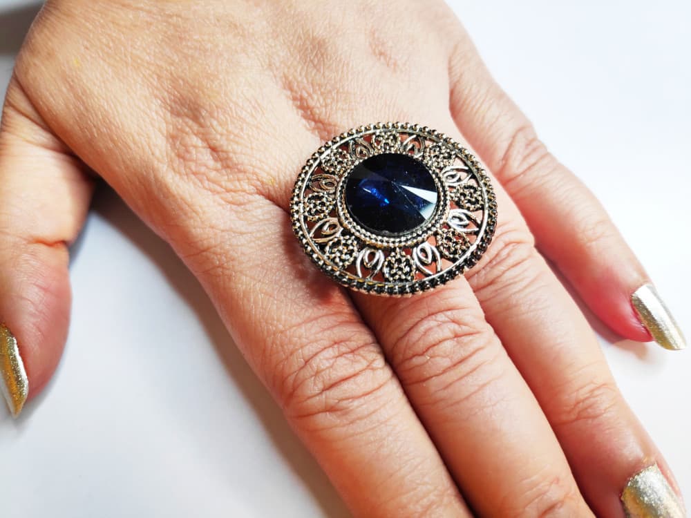 Navy Blue Oxidised Antique Silver tone Statement Finger ring for girls