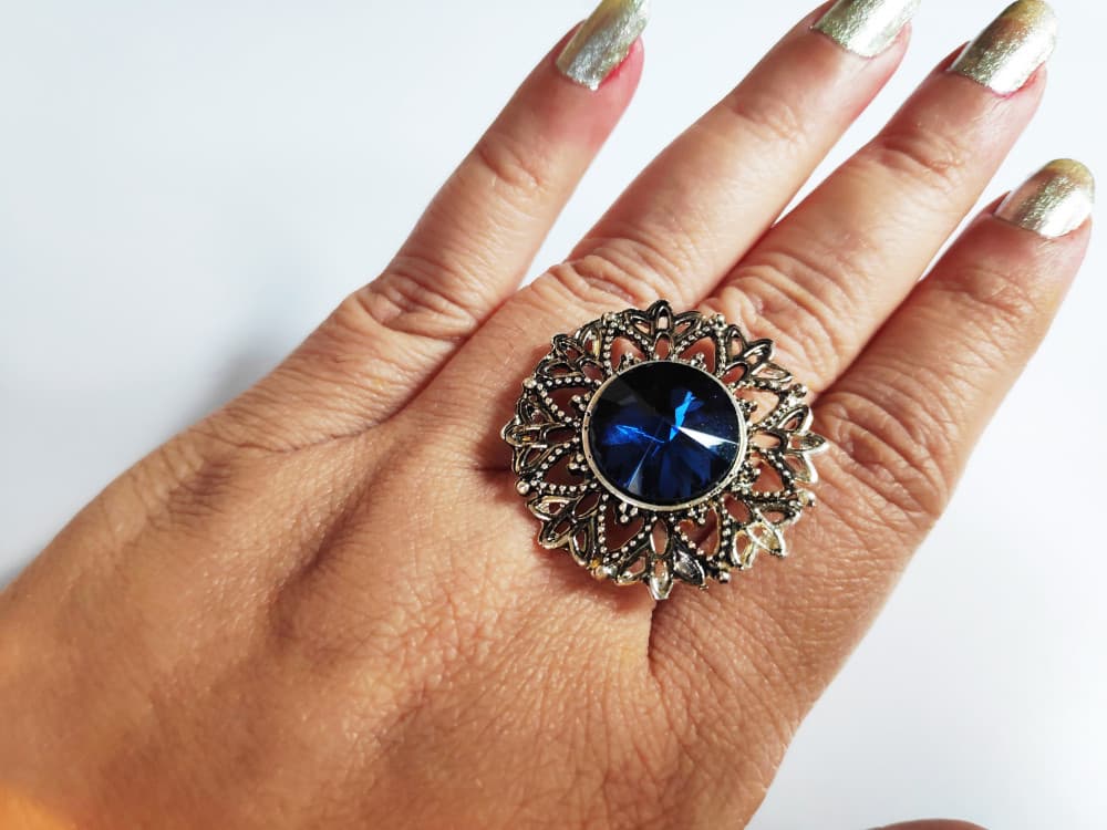Navy Blue Oxidised Antique Silver tone Statement Finger ring for girls