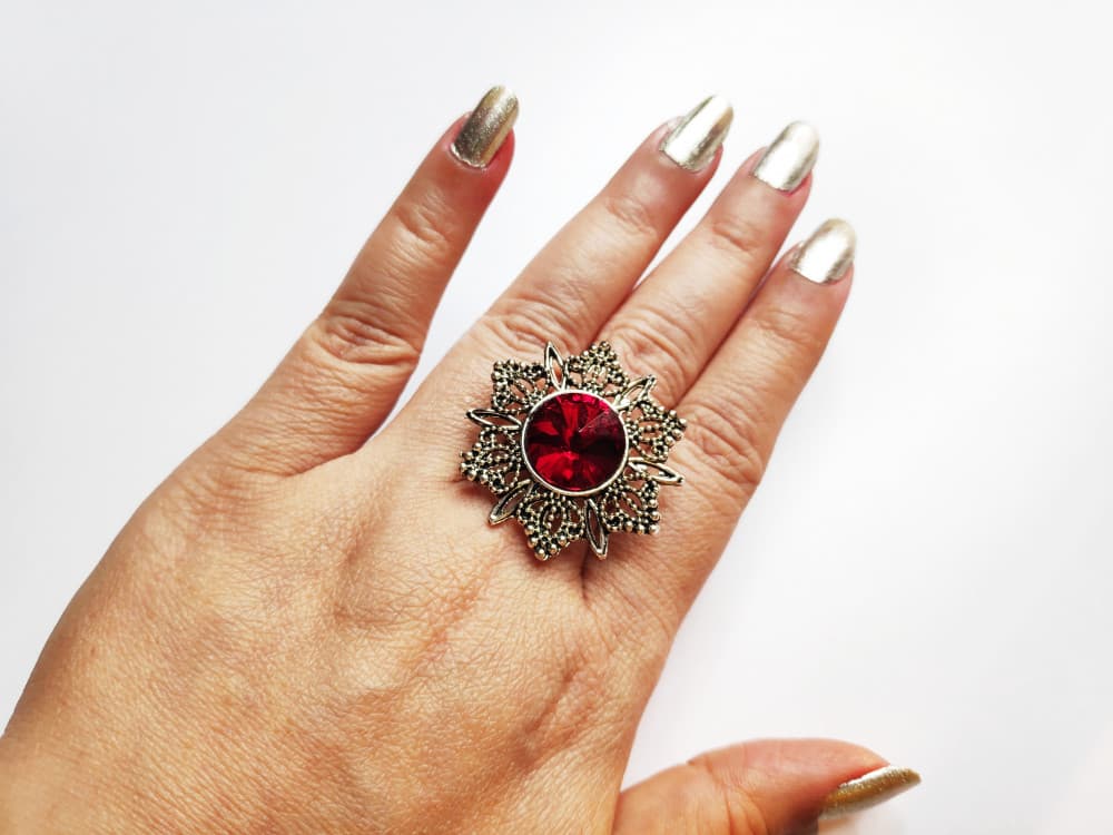 Red Oxidised Antique Silver tone Statement Finger ring for girls