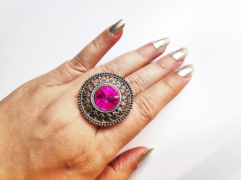 Fuchsia Pink Oxidised Antique Silver tone Statement Finger ring for girls