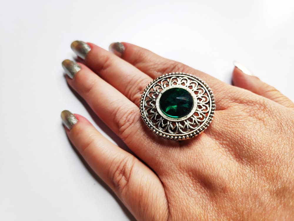 Dark Green Oxidised Antique Silver tone Statement Finger ring for girls