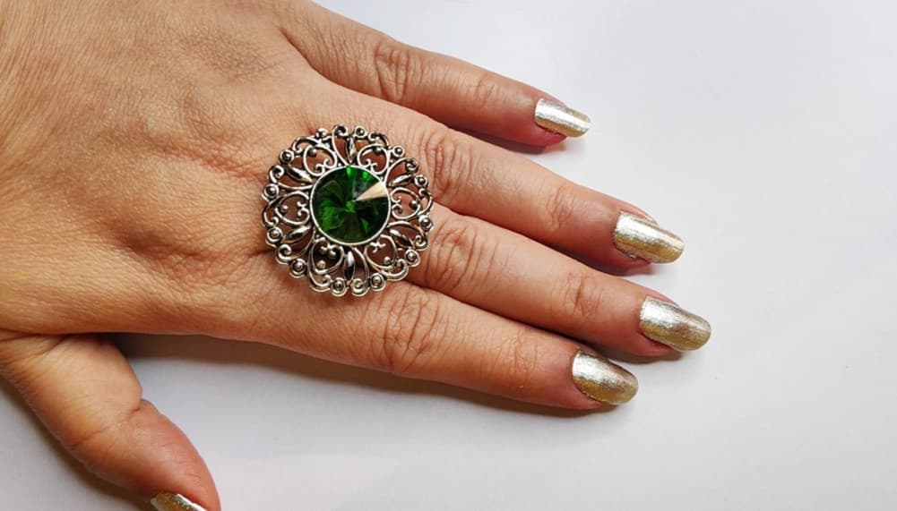 Green Oxidised Antique Silver tone Statement Finger ring for girls