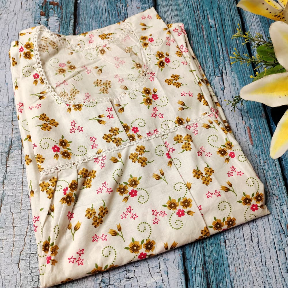 White Mustard Pretty Florals Ankle Length Night Dress