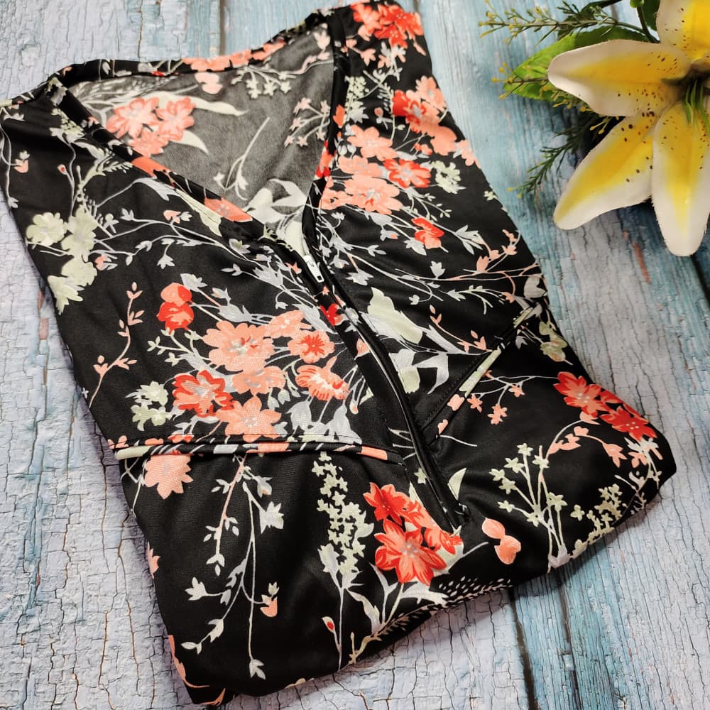 Black Front zip floral print plus size Nighty for ladies