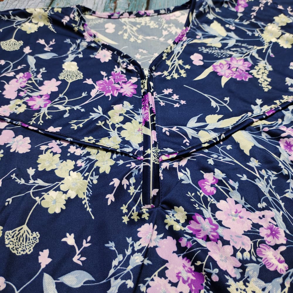 Navy Blue Front zip floral print plus size Nighty for ladies