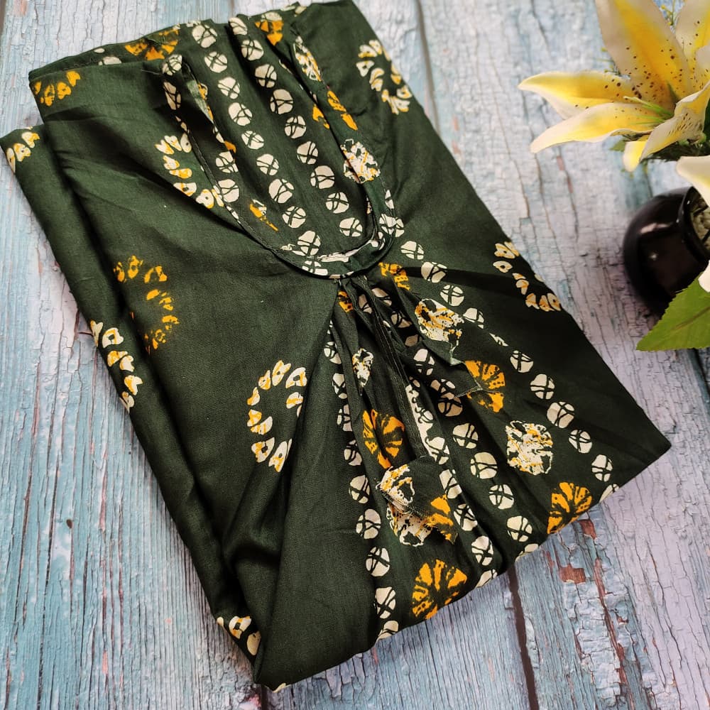 Dark Green Batik Cotton Printed Nighty for women