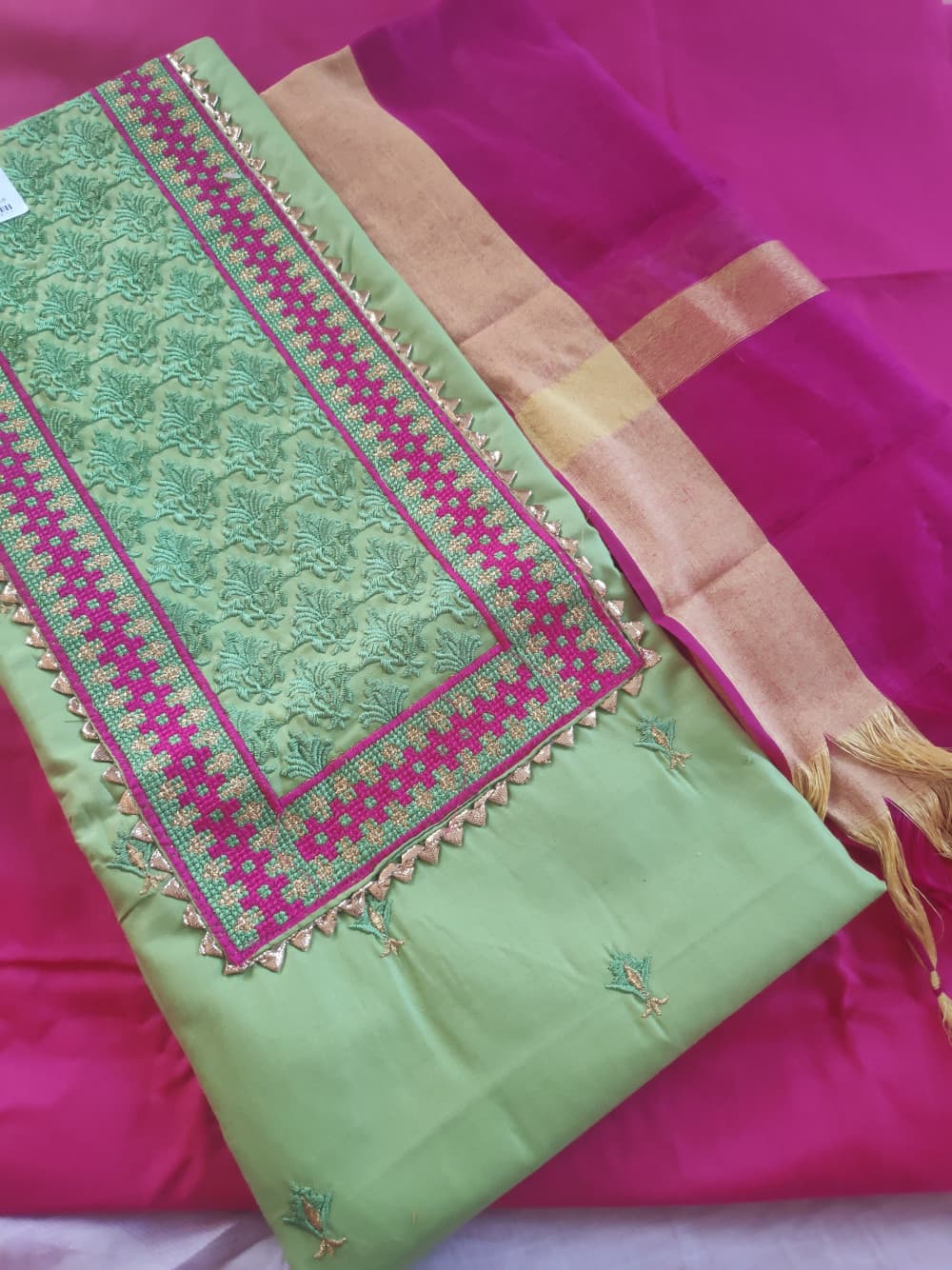 Light Green Cross Stitch Embroidered Party Wear Suit