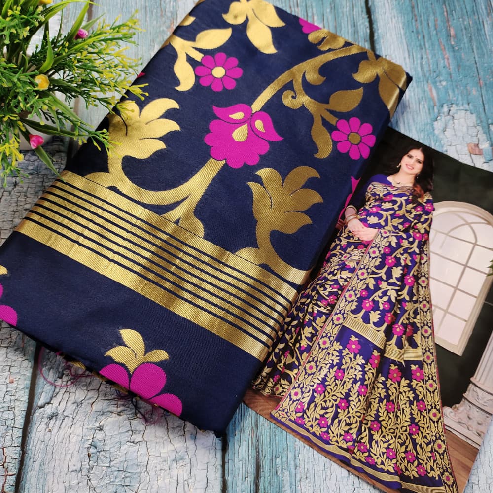 Navy Blue Heavy Jaal Pattern Silk Saree