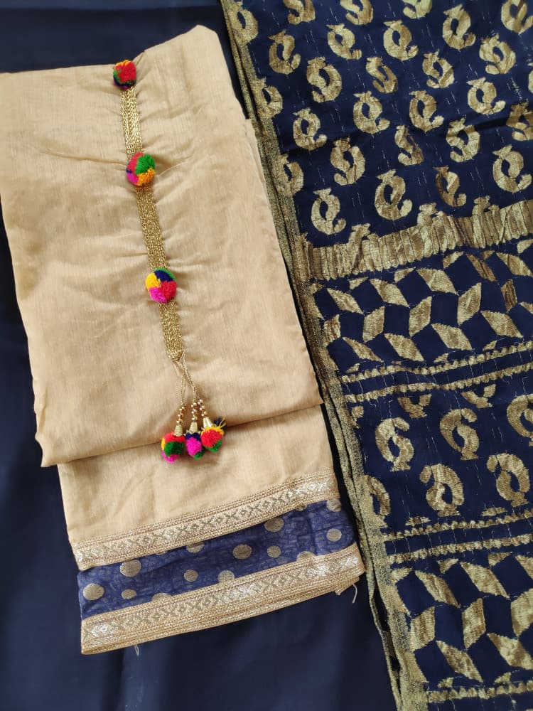 Navy Blue Festive Wear Chanderi Suit With Net Heavy Dupatta