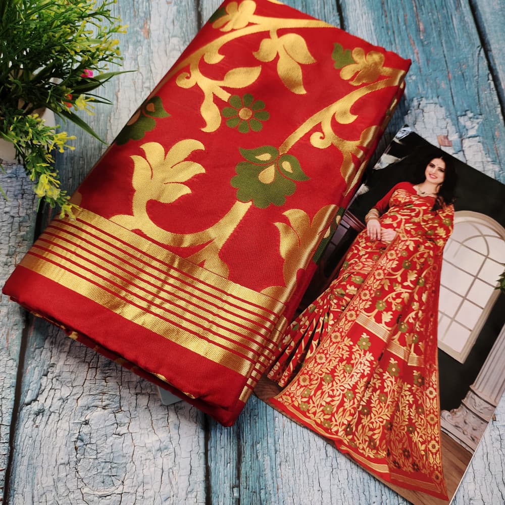 Red Heavy Jaal Pattern Silk Saree