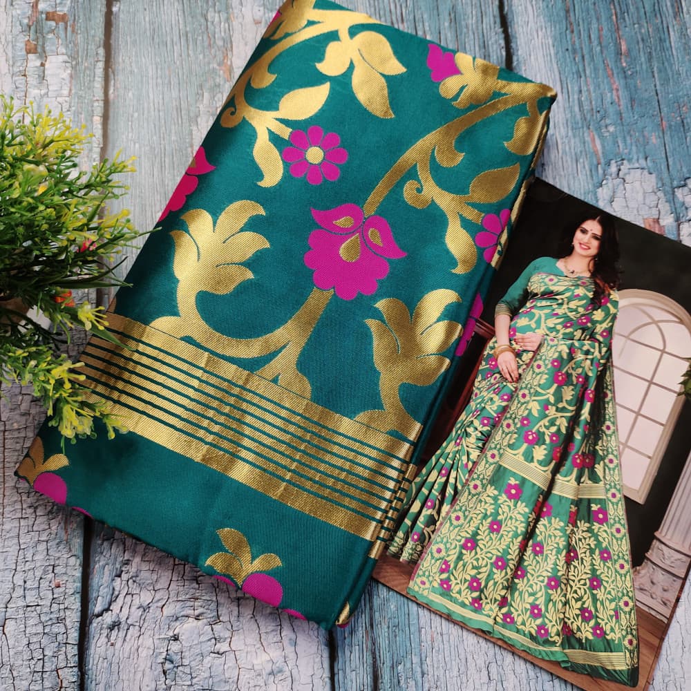Rama green Heavy Jaal Pattern Silk Saree
