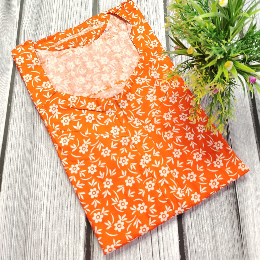 Orange Cotton Printed Nighty for Ladies