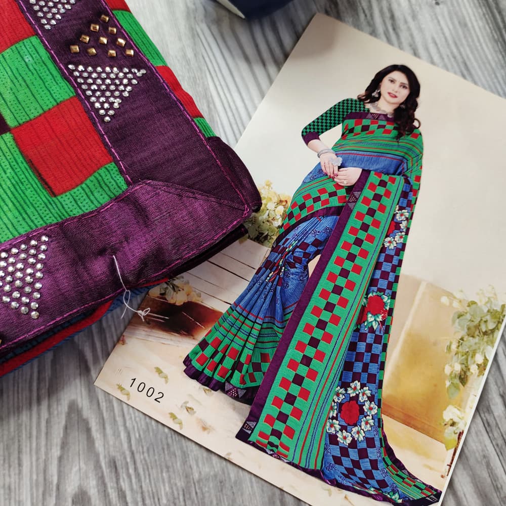 Blue Beautiful Printed Saree with Swarovski work Border