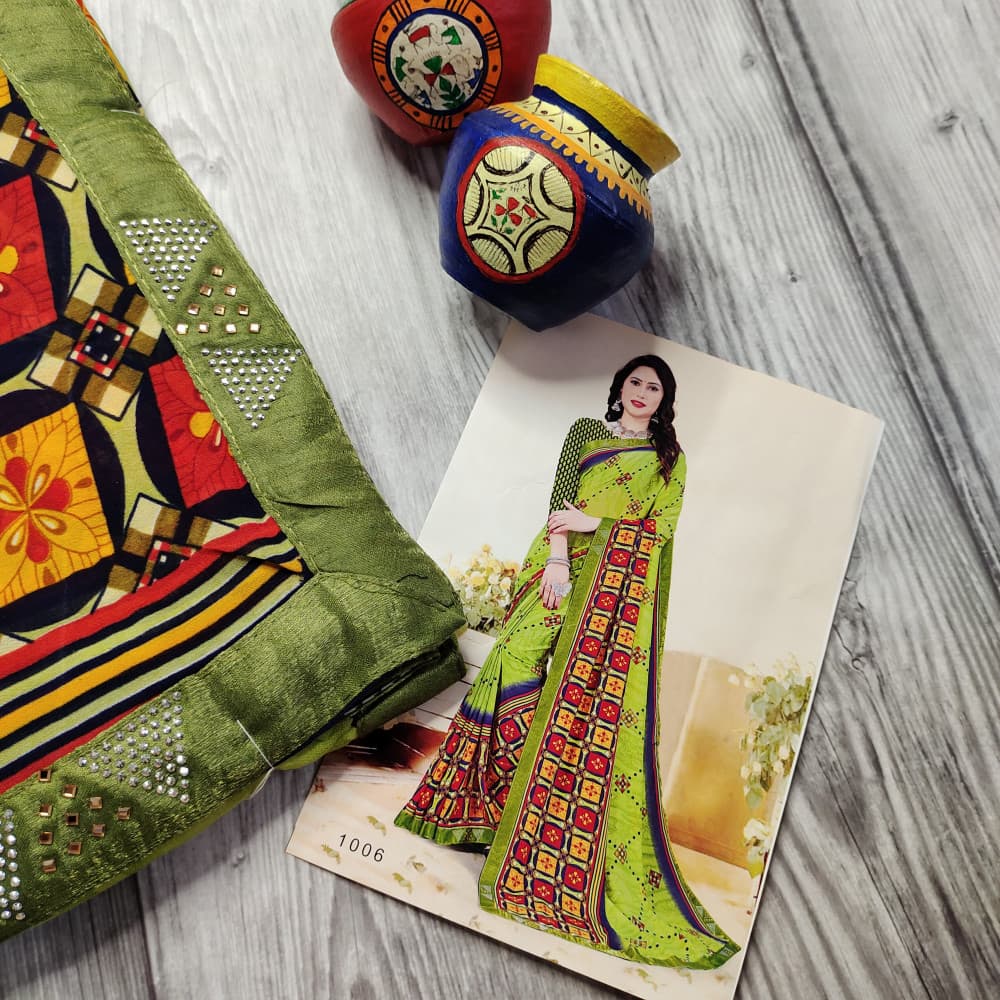 Bright Green (Dhani) Beautiful Printed Saree with Swarovski work Border