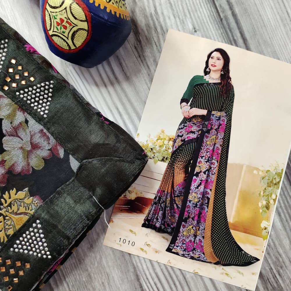 Dark Green Beautiful Printed Saree with Swarovski work Border