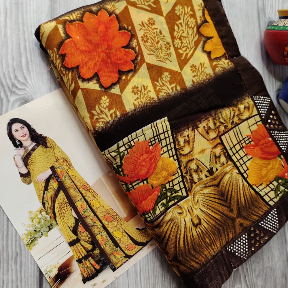 Light Yellow Beautiful Printed Saree with Swarovski work Border