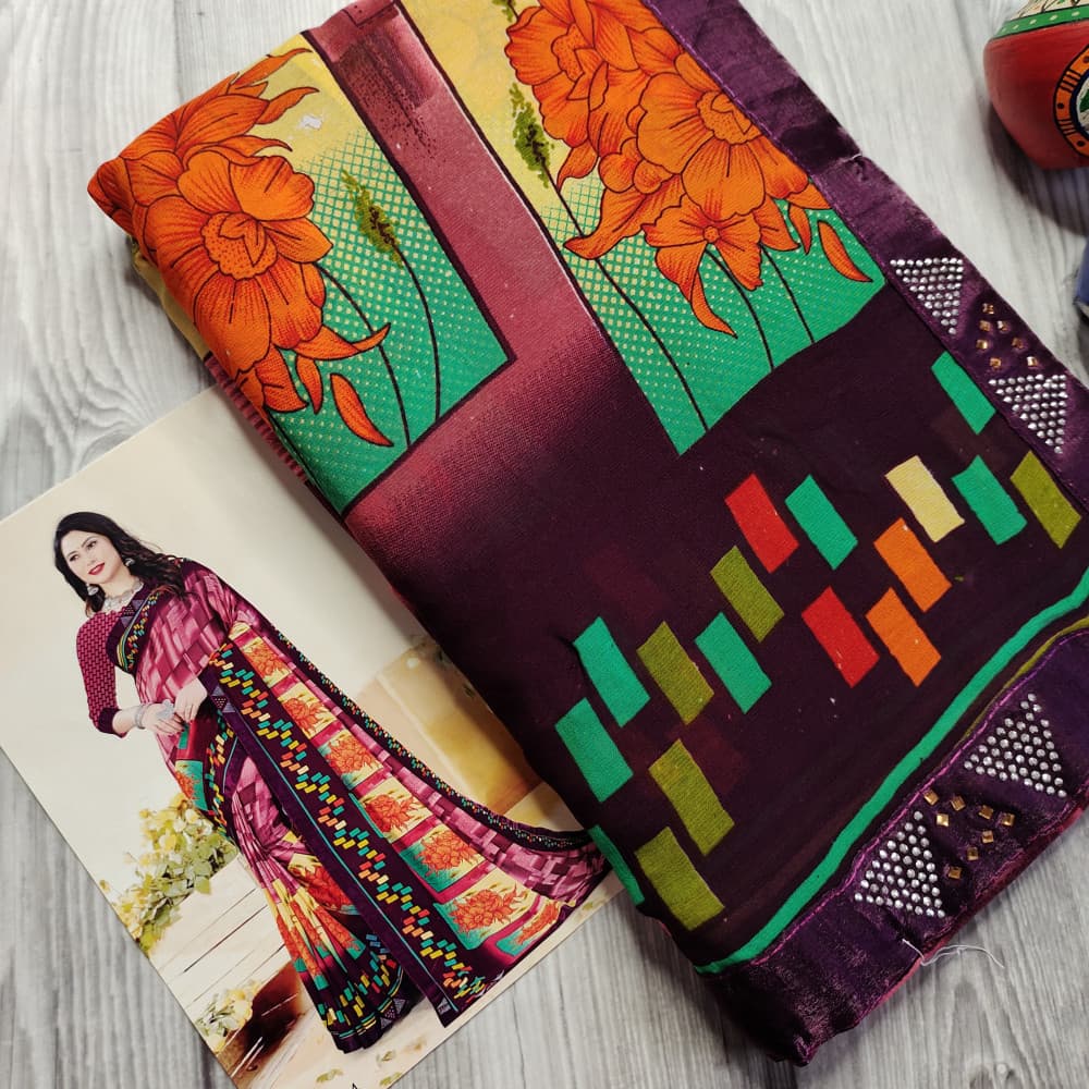 Mauve Beautiful Printed Saree with Swarovski work Border