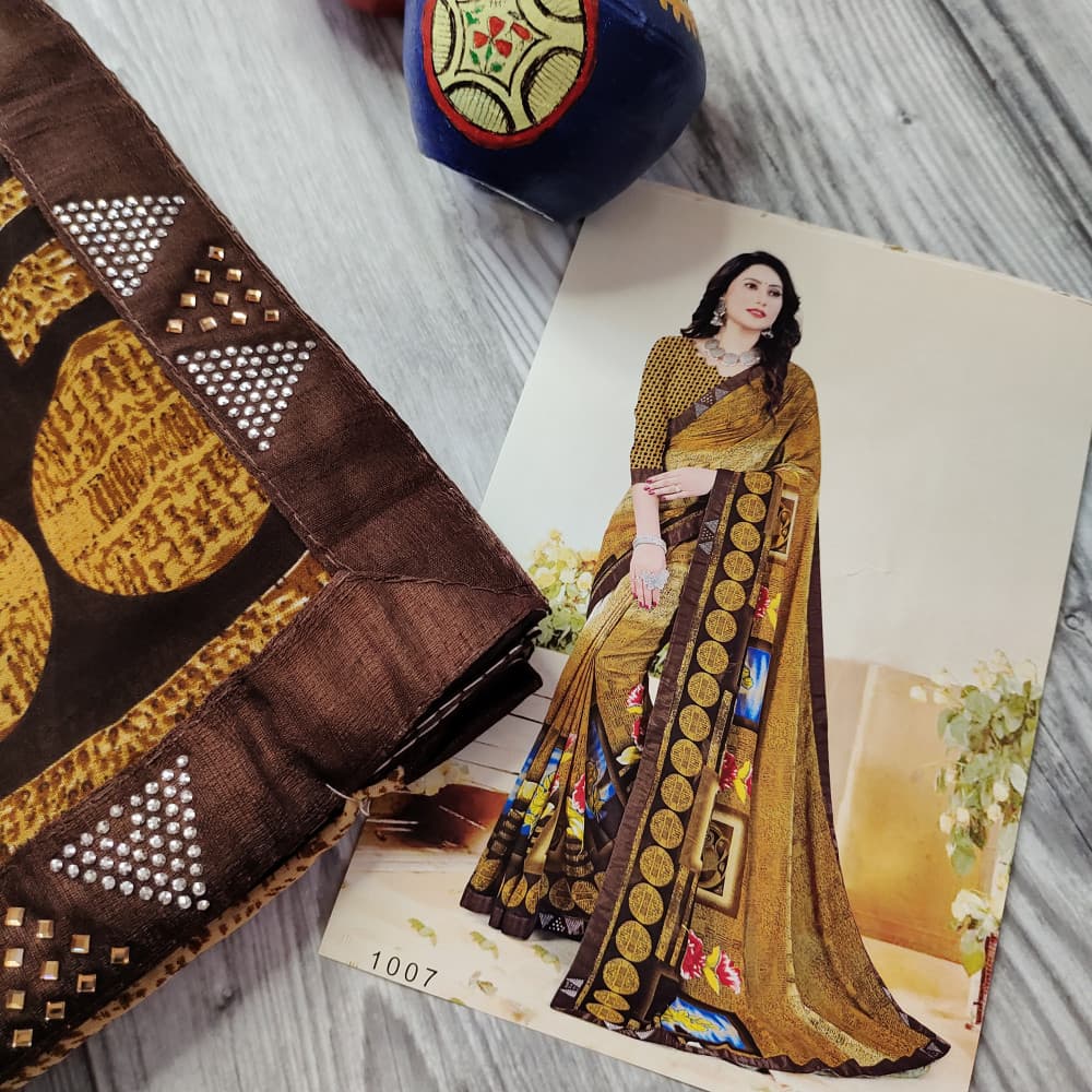 Mustard Beautiful Printed Saree with Swarovski work Border