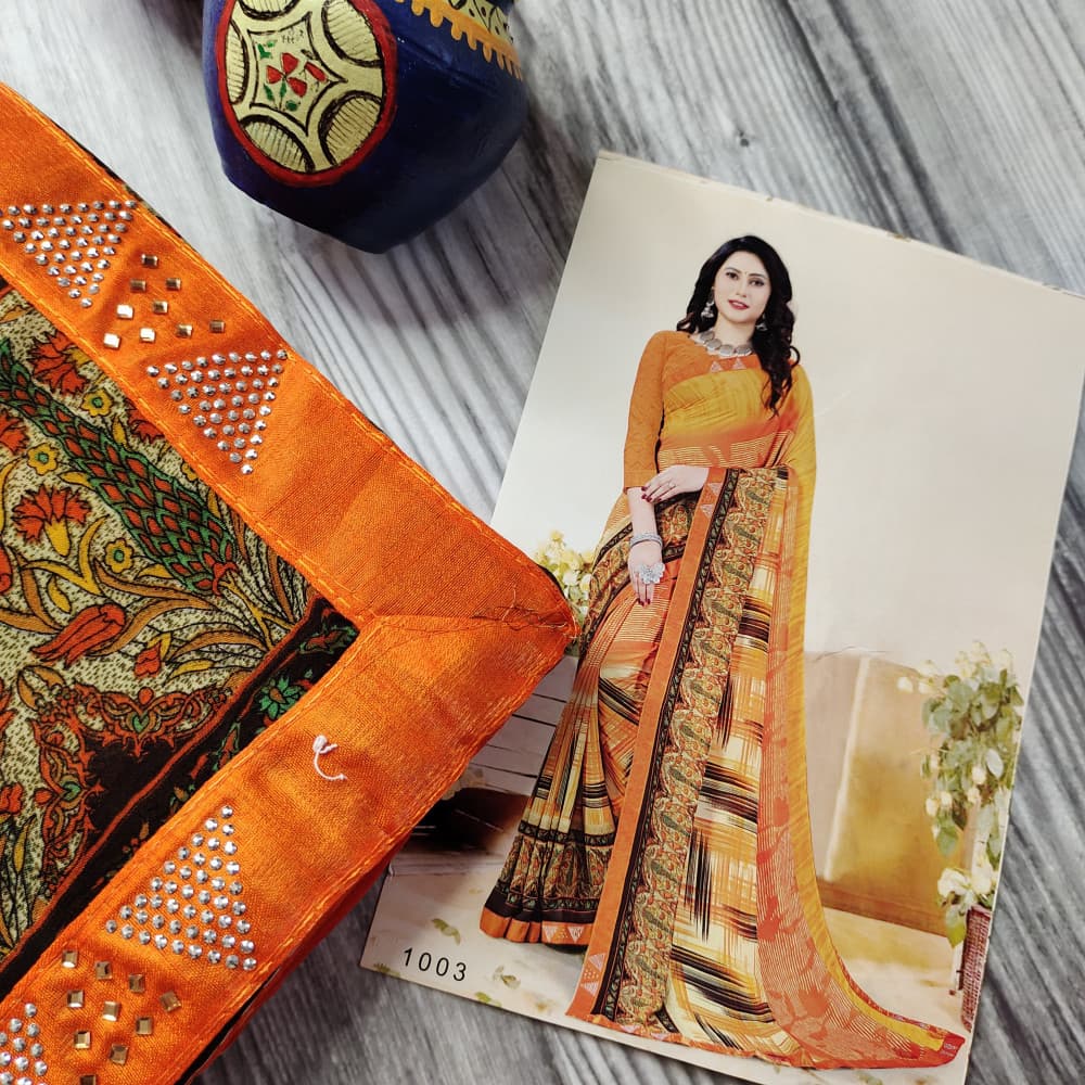 Orange Beautiful Printed Saree with Swarovski work Border