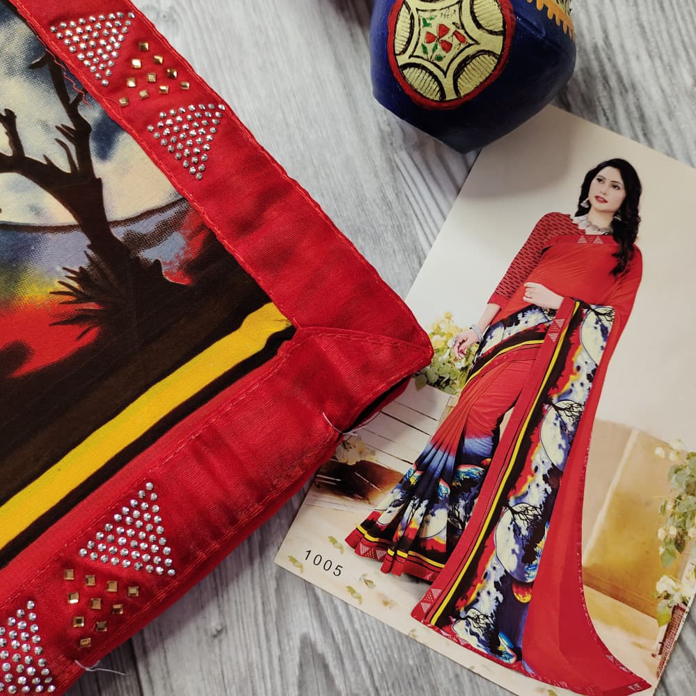 Red Beautiful Printed Saree with Swarovski work Border
