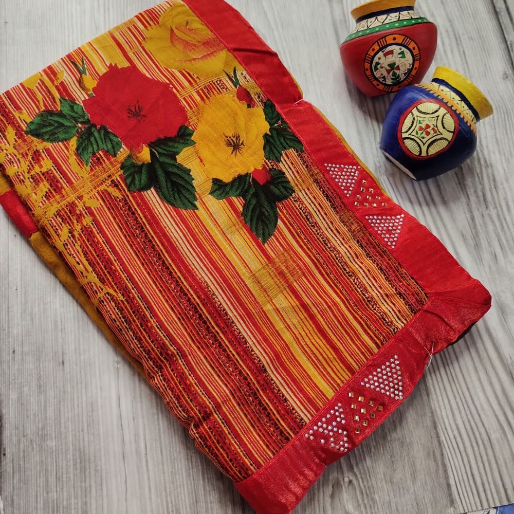 Yellow Beautiful Printed Saree with Swarovski work Border